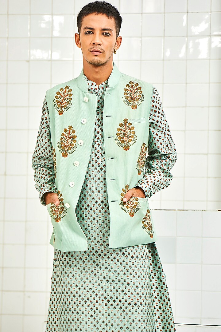 Mint Viscose Embroidered Waistcoat by Rajesh Pratap Singh Men at Pernia's Pop Up Shop