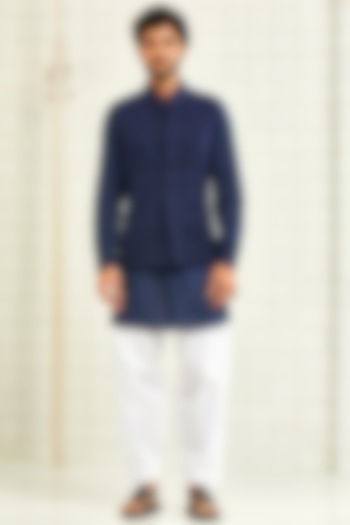 Navy Blue Handwoven & Textured Waistcoat by Rajesh Pratap Singh Men