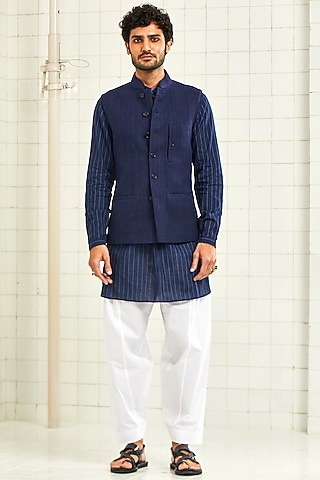 Navy Blue Handwoven & Textured Waistcoat by Rajesh Pratap Singh Men