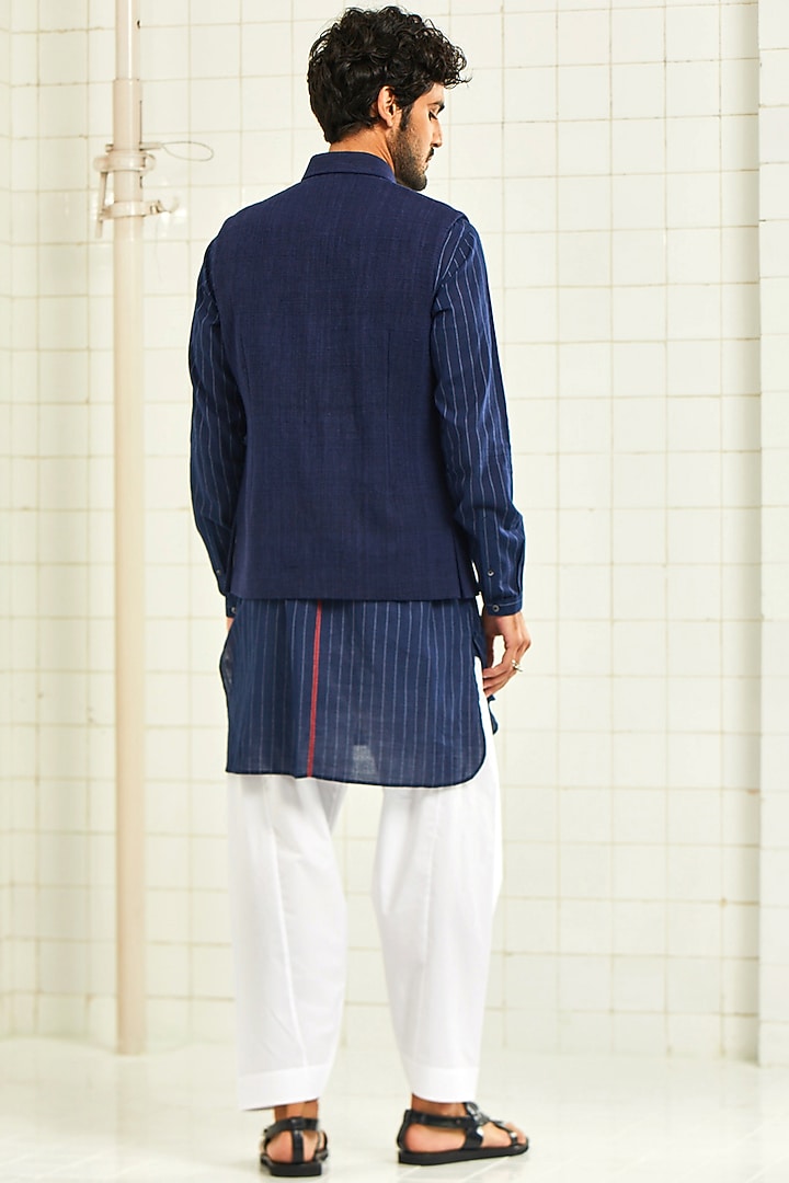 Navy Blue Handwoven & Textured Waistcoat by Rajesh Pratap Singh Men at Pernia's Pop Up Shop