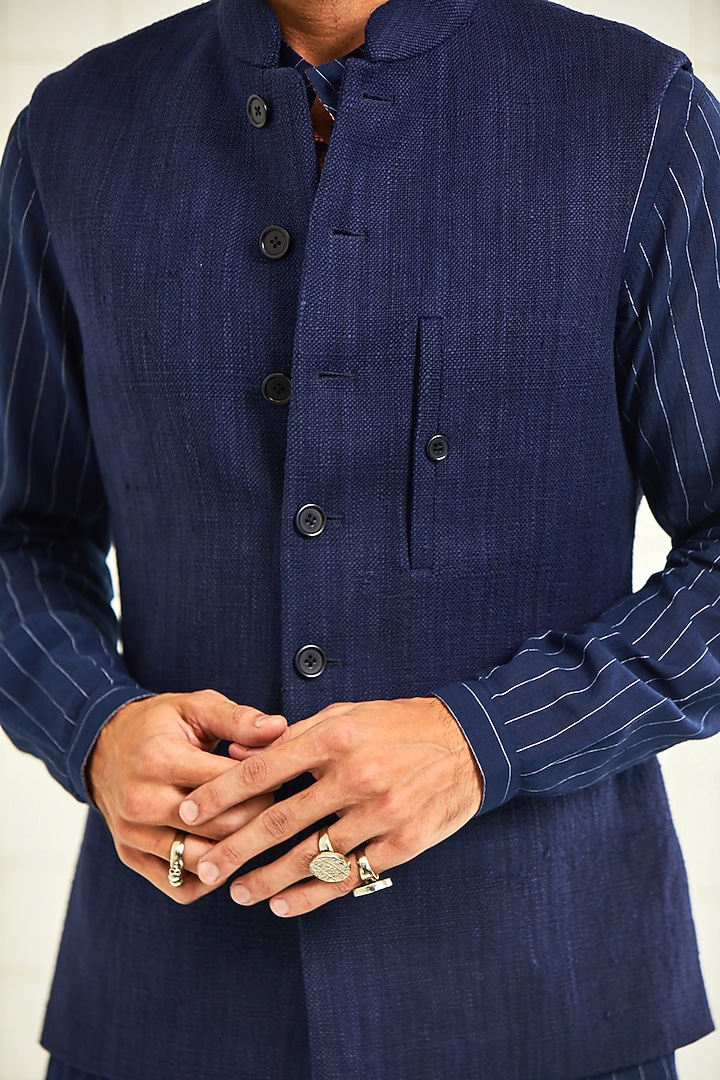 Navy Blue Handwoven & Textured Waistcoat by Rajesh Pratap Singh Men at Pernia's Pop Up Shop