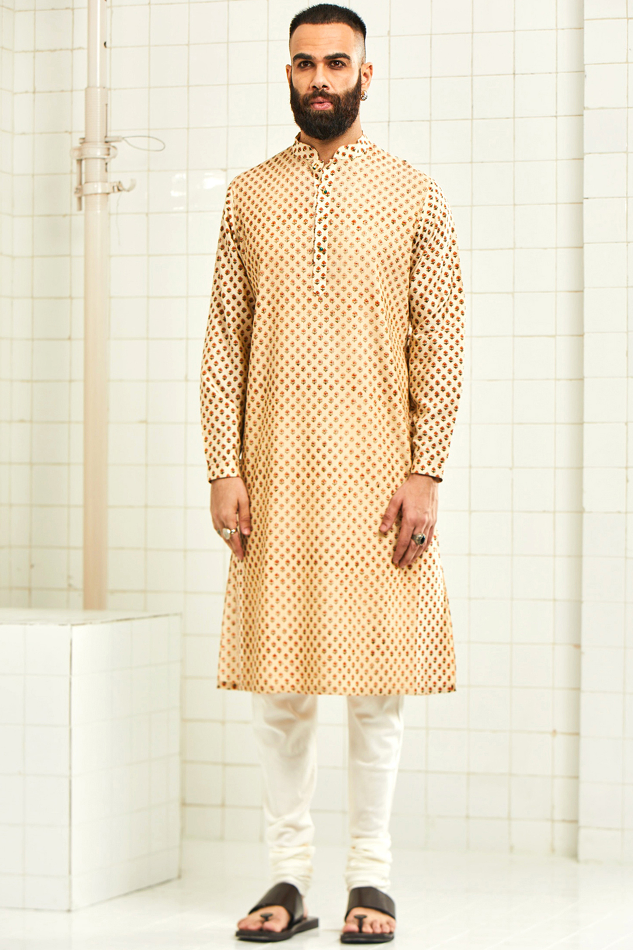 Beige Pintucked Kurta With Handmade Buttons by Rajesh Pratap Singh Men at Pernia's Pop Up Shop