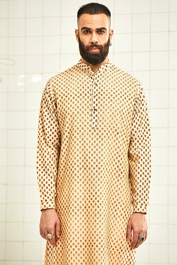 Beige Pintucked Kurta With Handmade Buttons by Rajesh Pratap Singh Men at Pernia's Pop Up Shop