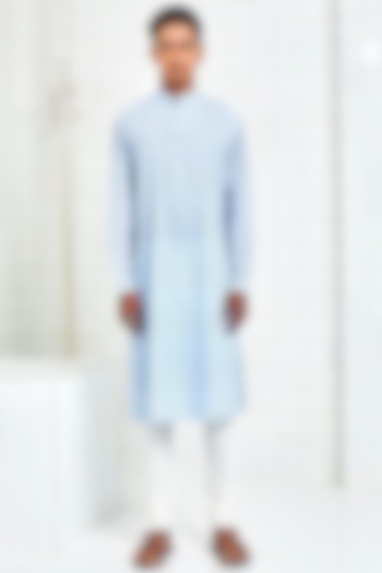 Powder Blue Pintucked Kurta With Motifs by Rajesh Pratap Singh Men at Pernia's Pop Up Shop