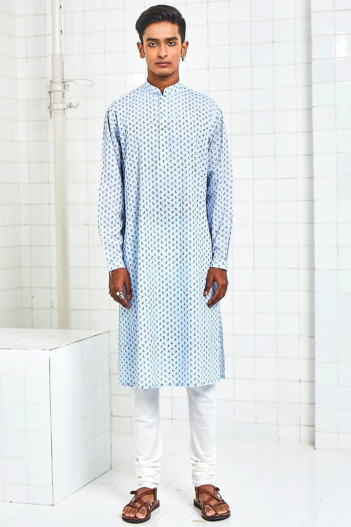 Powder Blue Pintucked Kurta With Motifs by Rajesh Pratap Singh Men at Pernia's Pop Up Shop
