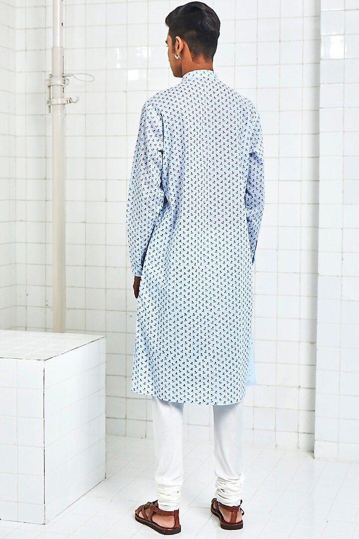 Powder Blue Pintucked Kurta With Motifs by Rajesh Pratap Singh Men at Pernia's Pop Up Shop