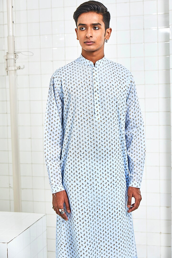 Powder Blue Pintucked Kurta With Motifs by Rajesh Pratap Singh Men at Pernia's Pop Up Shop