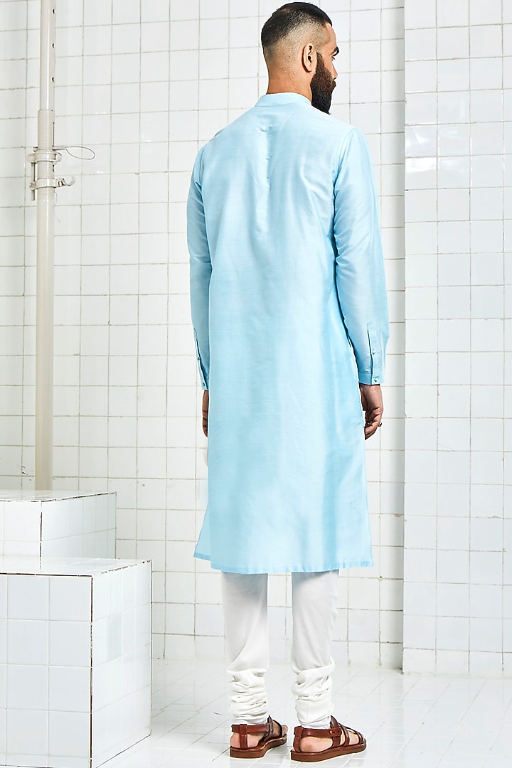 Powder Blue Pintucked Kurta With Handmade Buttons by Rajesh Pratap Singh Men at Pernia's Pop Up Shop