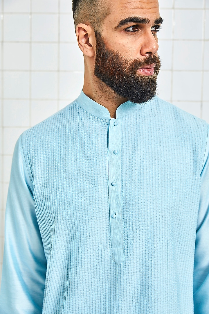 Powder Blue Pintucked Kurta With Handmade Buttons by Rajesh Pratap Singh Men at Pernia's Pop Up Shop