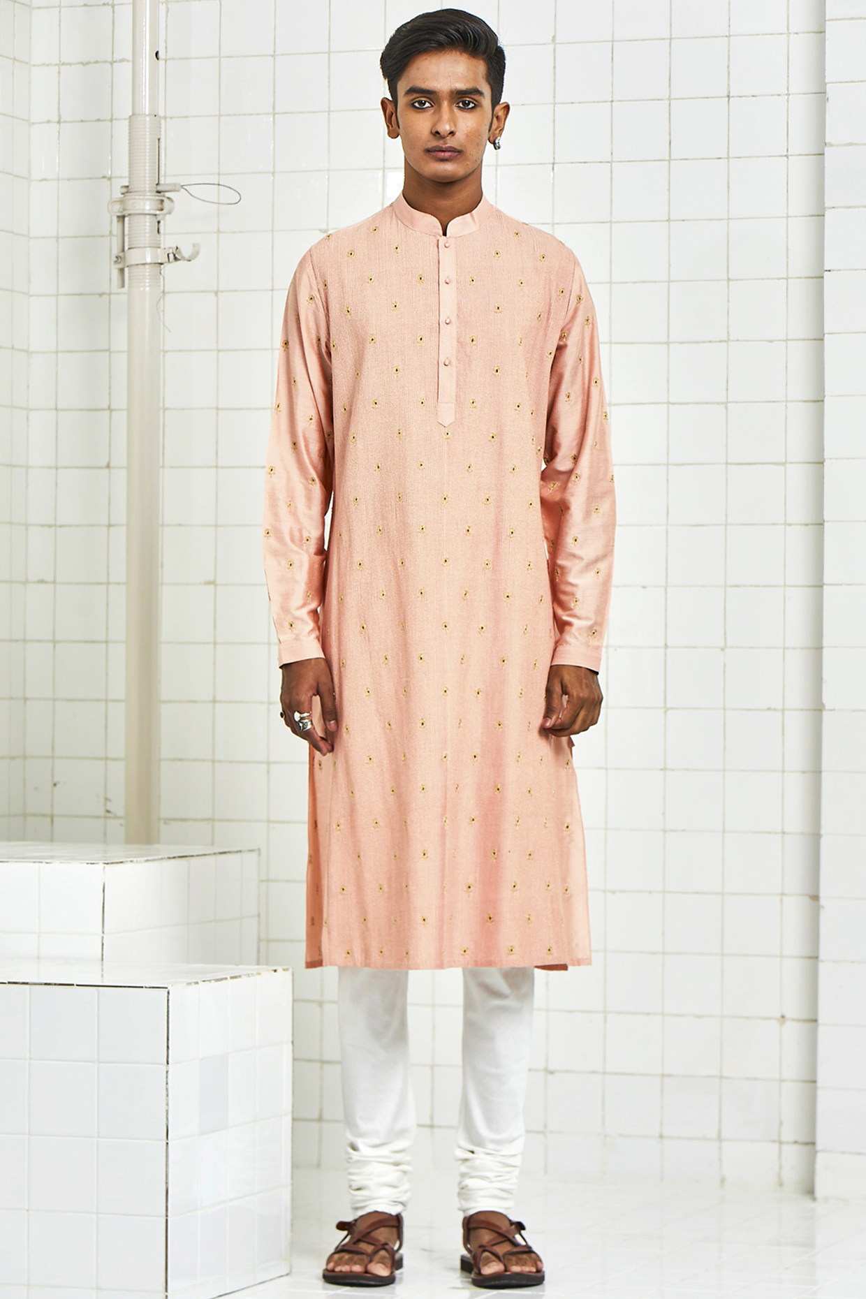 Peach Embroidered Pintucked Kurta by Rajesh Pratap Singh Men at Pernia's Pop Up Shop