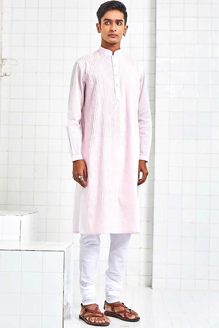 Blush Pink Pleated & Pintucked Kurta by Rajesh Pratap Singh Men at Pernia's Pop Up Shop