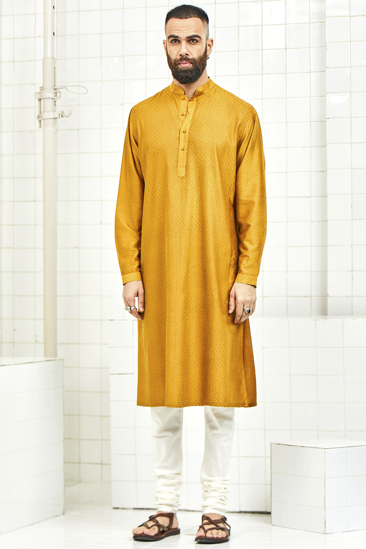 Mustard Block Printed Kurta by Rajesh Pratap Singh Men