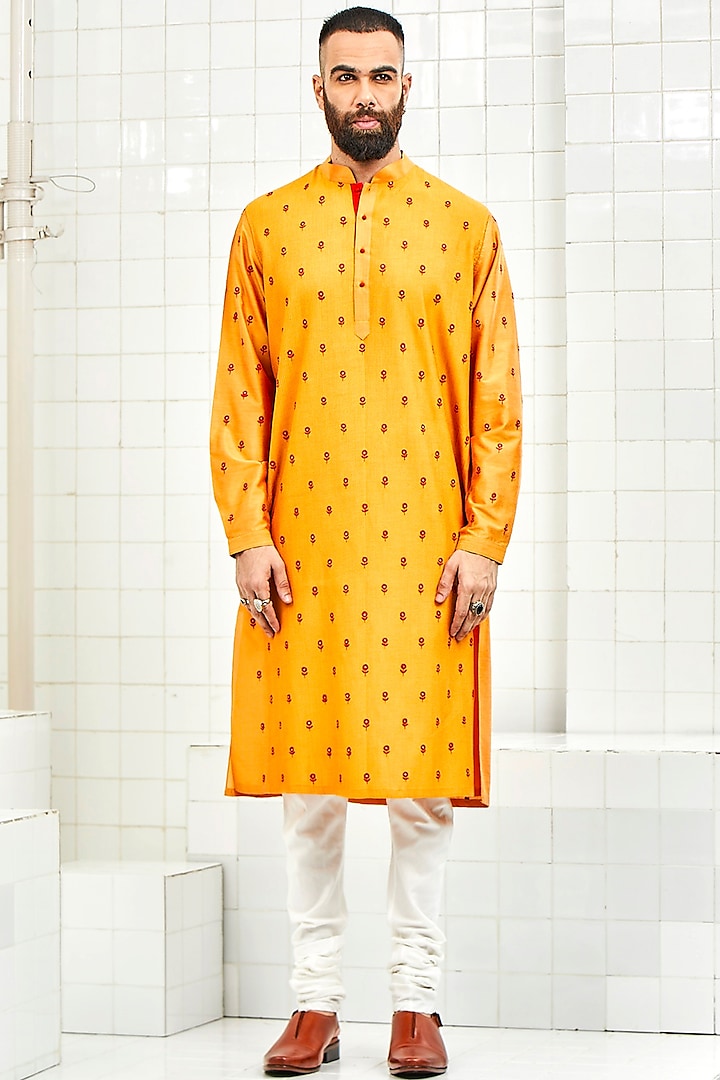 Mustard Floral Embroidered Kurta by Rajesh Pratap Singh Men