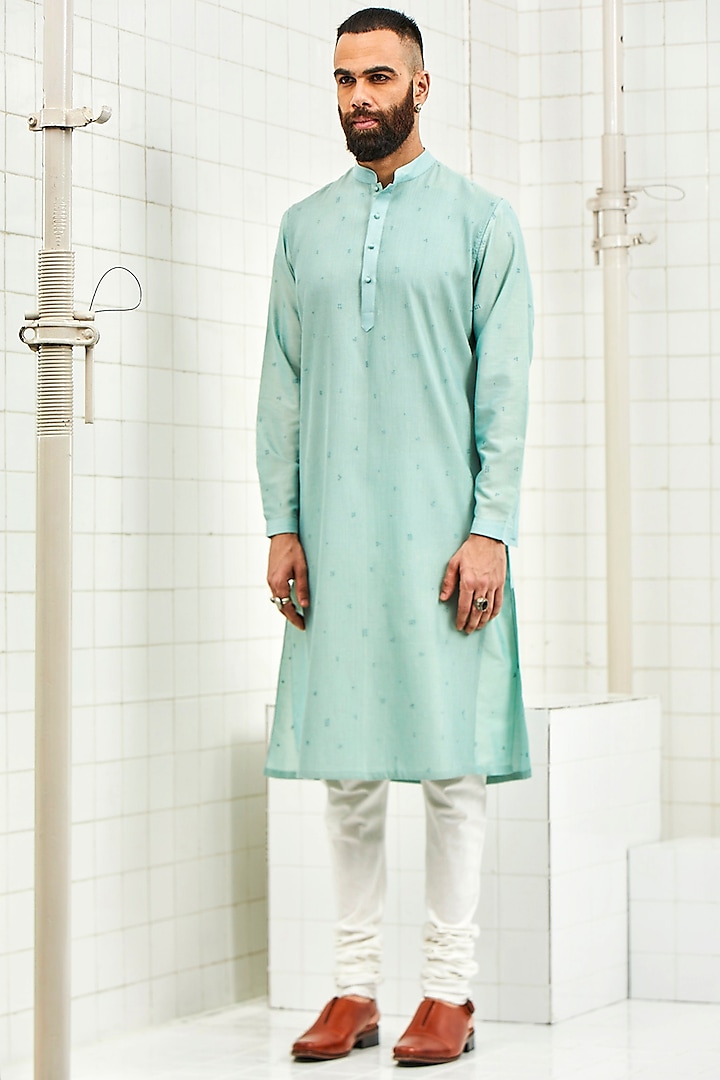 Mint Thread Embroidered Kurta by Rajesh Pratap Singh Men