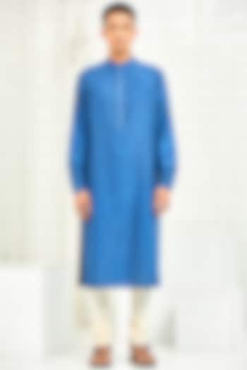 Blue Viscose Pleated Kurta by Rajesh Pratap Singh Men
