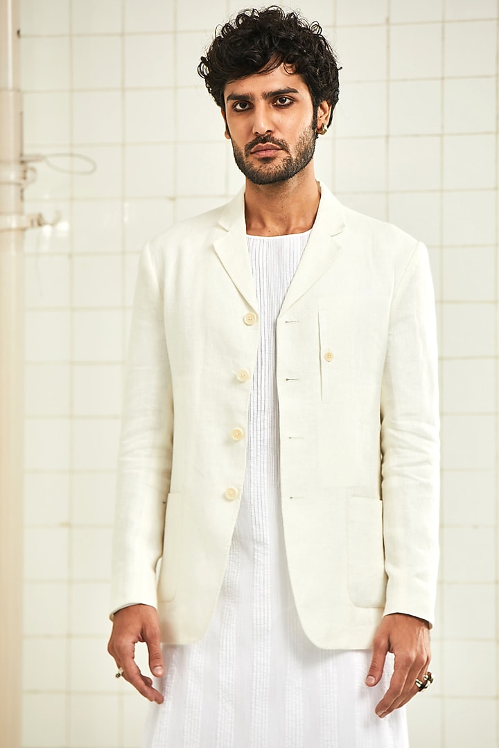 White Lapel Jacket With Patch Pocket by Rajesh Pratap Singh Men at Pernia's Pop Up Shop