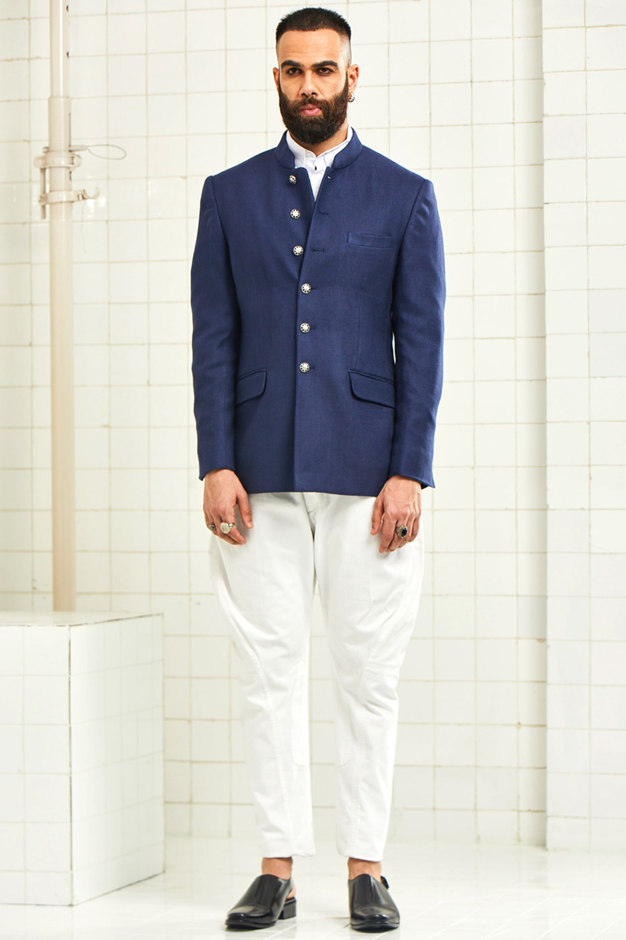 Navy Blue Textured Bandhgala Jacket 