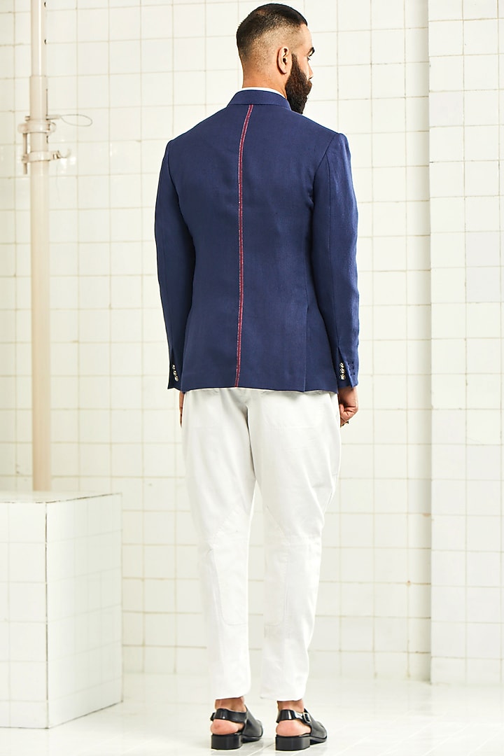 Navy Blue Handloom Wool Textured Wedding Bandhgala Jacket by Rajesh Pratap Singh Men at Pernia's Pop Up Shop