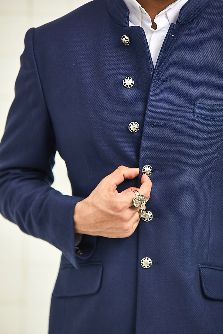 Navy Blue Handloom Wool Textured Wedding Bandhgala Jacket by Rajesh Pratap Singh Men at Pernia's Pop Up Shop