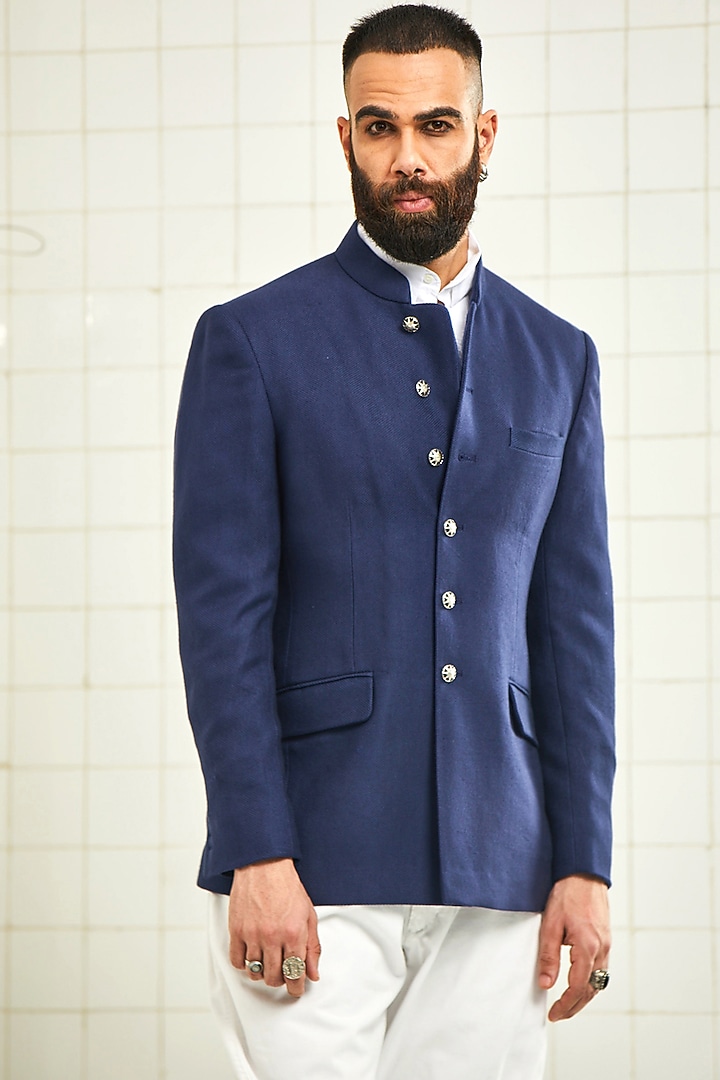 Navy Blue Handloom Wool Textured Wedding Bandhgala Jacket by Rajesh Pratap Singh Men at Pernia's Pop Up Shop