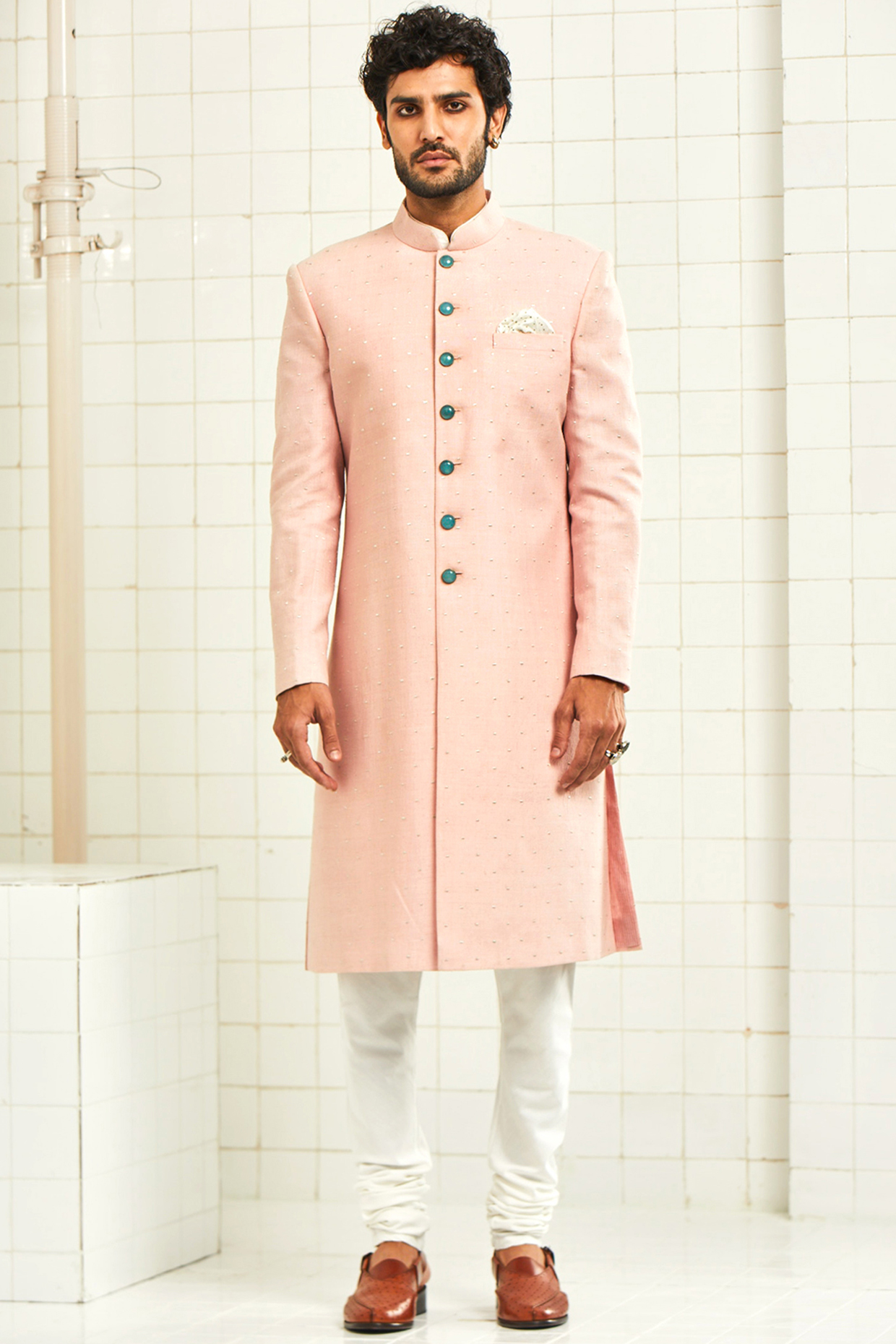 Pink Zari Embroidered Textured Sherwani by Rajesh Pratap Singh Men