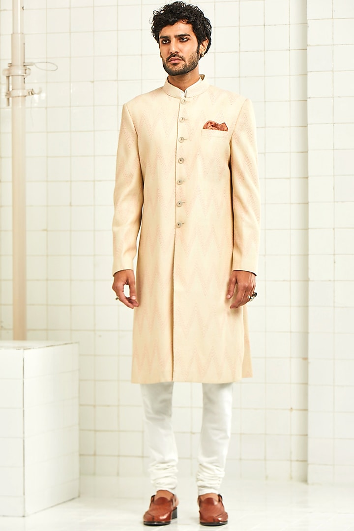 Ivory Pintucked Groom Sherwani With Thread Work by Rajesh Pratap Singh Men at Pernia's Pop Up Shop