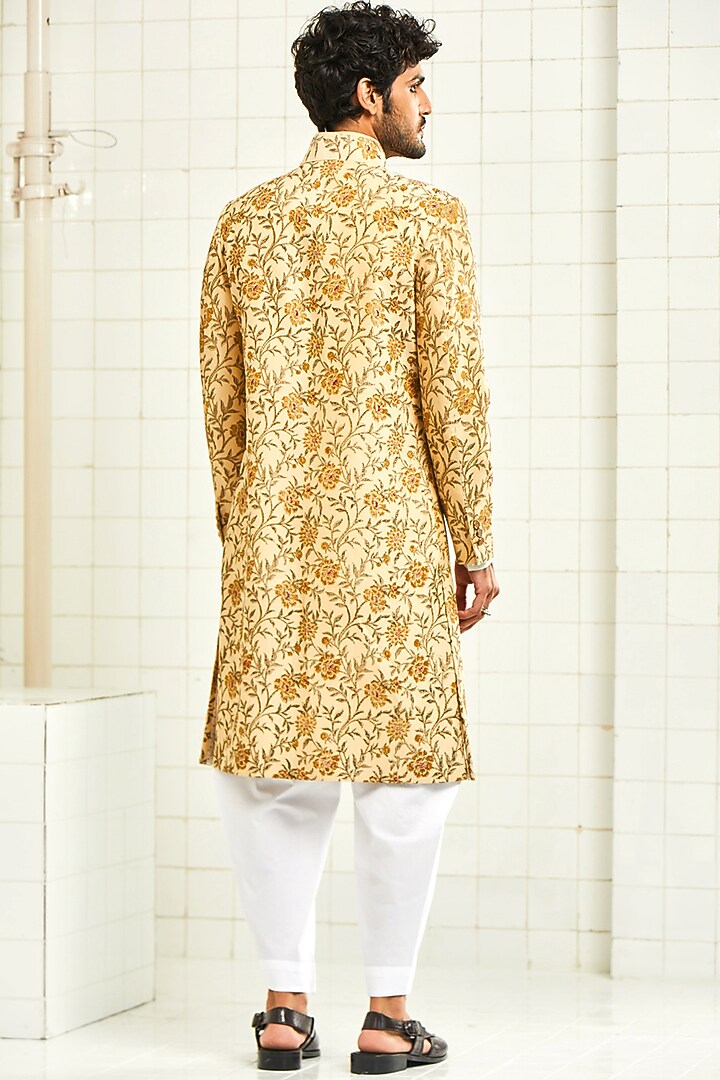 Beige Pintucked Groom Sherwani With Jali Work by Rajesh Pratap Singh Men at Pernia's Pop Up Shop