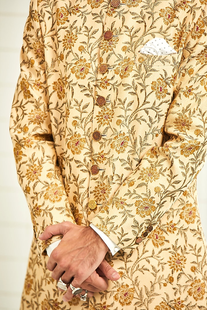Beige Pintucked Groom Sherwani With Jali Work by Rajesh Pratap Singh Men at Pernia's Pop Up Shop