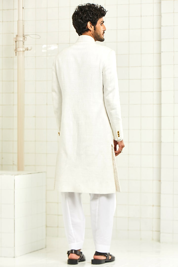 Ivory Handloom Cotton Textured Groom Sherwani by Rajesh Pratap Singh Men at Pernia's Pop Up Shop