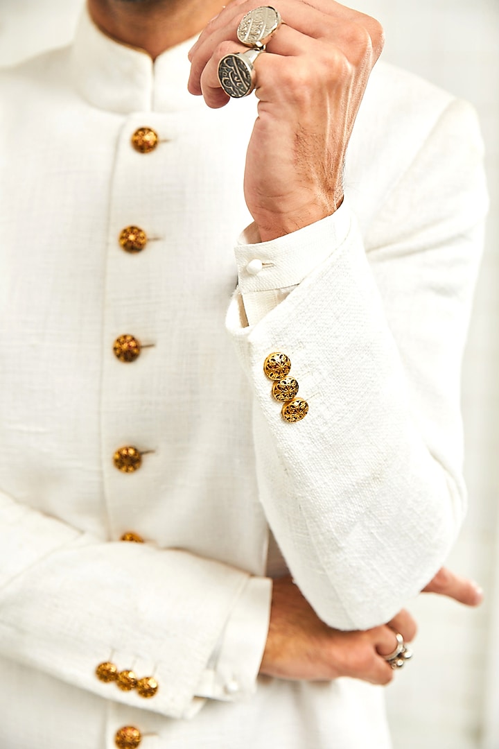 Ivory Handloom Cotton Textured Groom Sherwani by Rajesh Pratap Singh Men at Pernia's Pop Up Shop