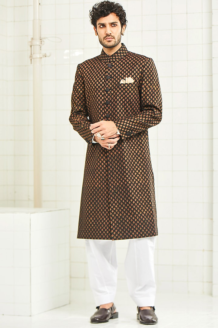 Black Viscose Sherwani With Hand Work by Rajesh Pratap Singh Men