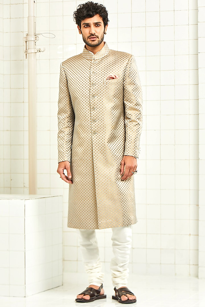 Grey Handloom Brocade Sherwani by Rajesh Pratap Singh Men