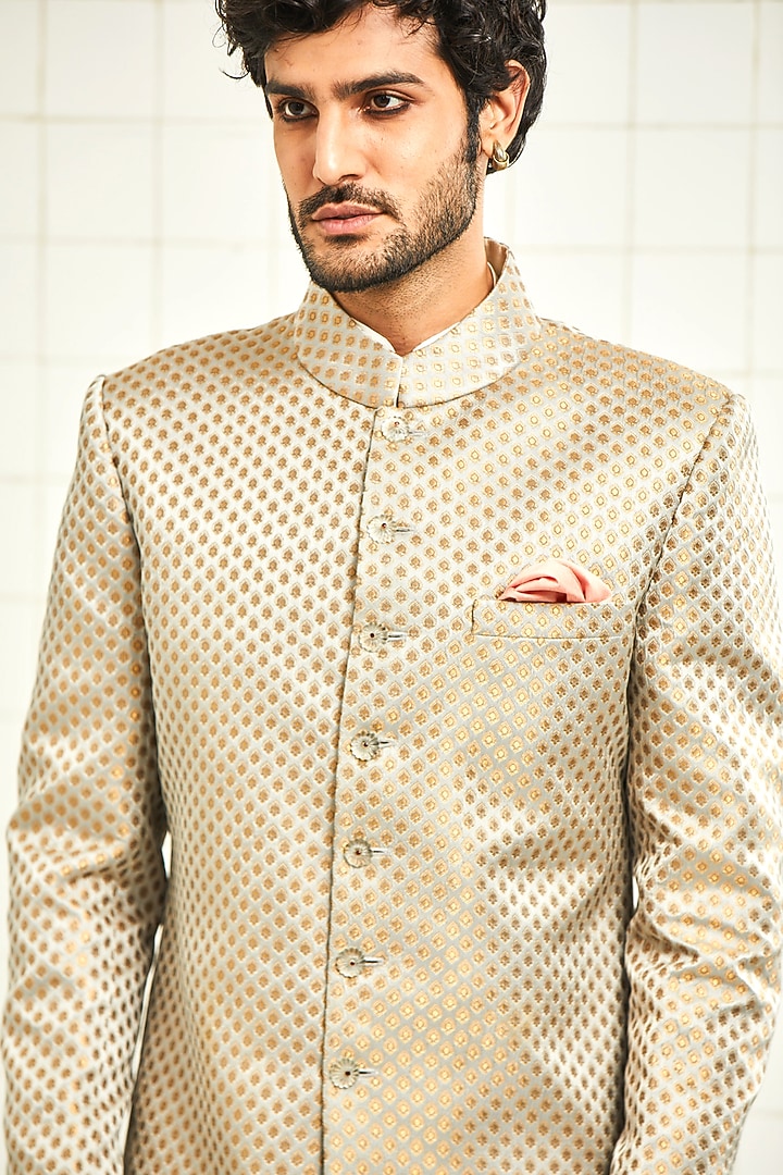 Grey Handloom Brocade Groom Sherwani by Rajesh Pratap Singh Men at Pernia's Pop Up Shop