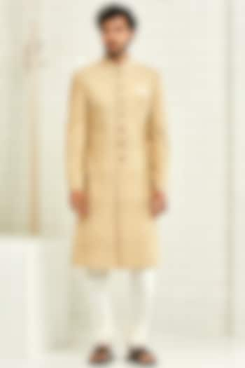 Beige Motifs Pintucked Sherwani by Rajesh Pratap Singh Men