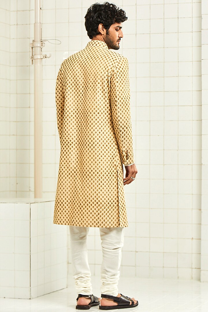 Beige Motifs Pintucked Groom Sherwani by Rajesh Pratap Singh Men at Pernia's Pop Up Shop