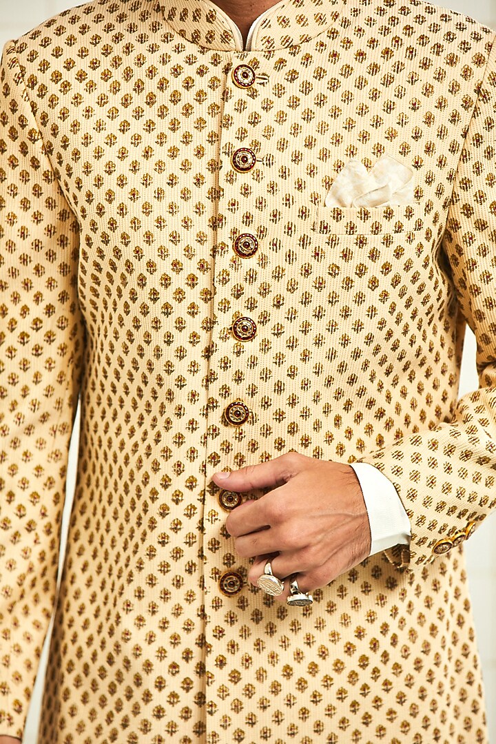 Beige Motifs Pintucked Groom Sherwani by Rajesh Pratap Singh Men at Pernia's Pop Up Shop