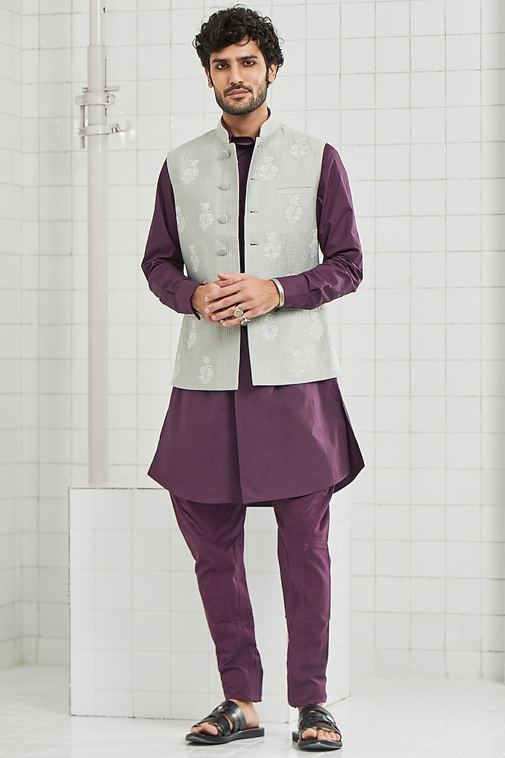 Grey Floral Waistcoat With Handmade Motifs by Rajesh Pratap Singh Men