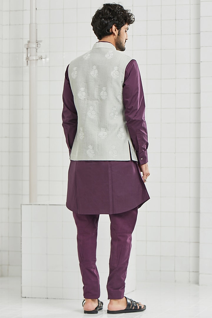 Grey Floral Waistcoat With Handmade Motifs by Rajesh Pratap Singh Men at Pernia's Pop Up Shop