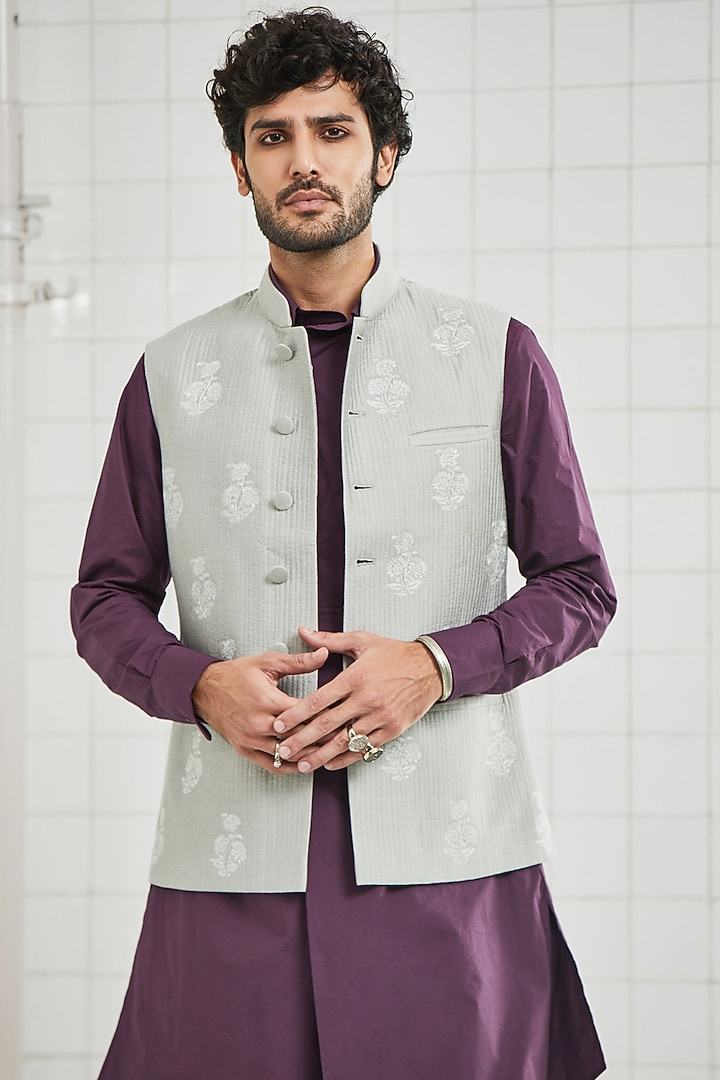 Grey Floral Waistcoat With Handmade Motifs by Rajesh Pratap Singh Men at Pernia's Pop Up Shop