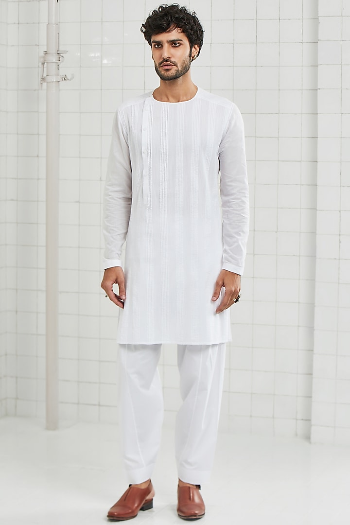 White Cotton Pleated Tunic by Rajesh Pratap Singh Men