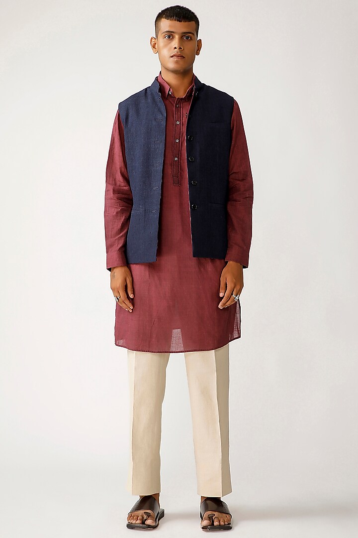 Indigo Cotton & Linen Reversible Waistcoat by Rajesh Pratap Singh Men