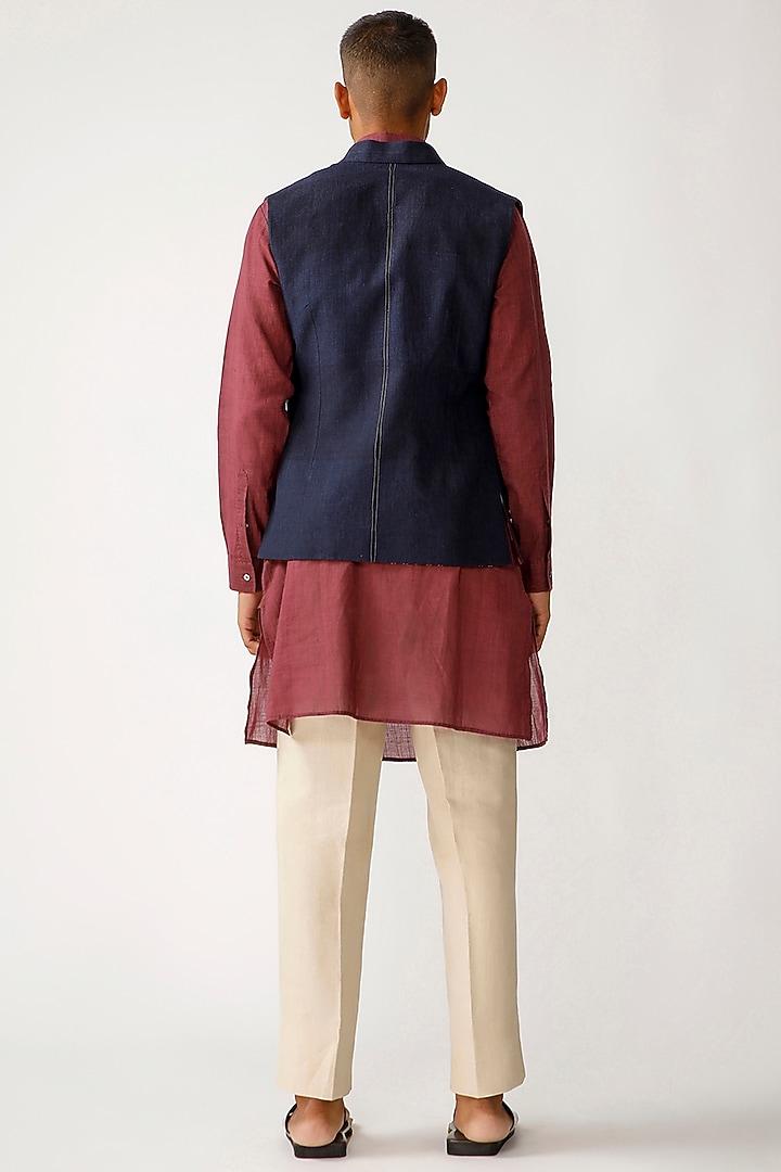Indigo Cotton & Linen Reversible Waistcoat by Rajesh Pratap Singh Men at Pernia's Pop Up Shop