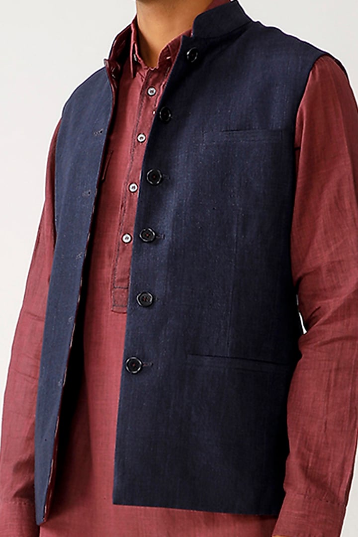 Indigo Cotton & Linen Reversible Waistcoat by Rajesh Pratap Singh Men at Pernia's Pop Up Shop