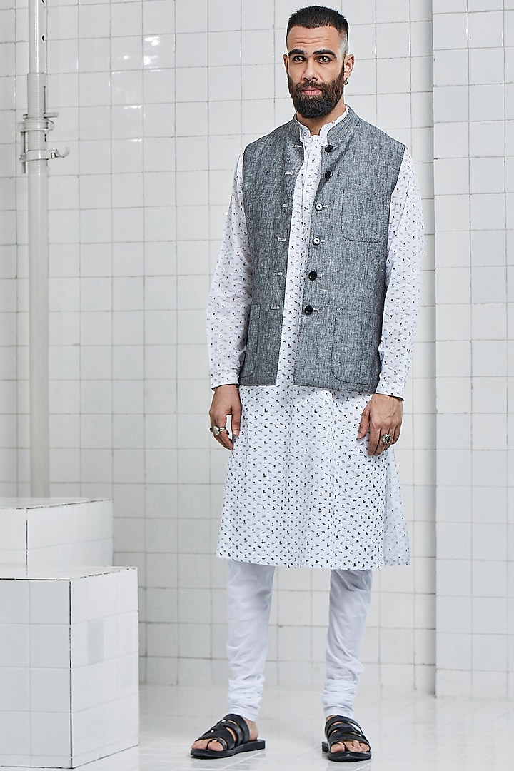 Grey Linen Reversible Waistcoat by Rajesh Pratap Singh Men