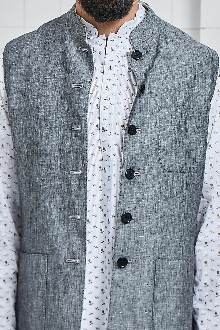Grey Linen Reversible Waistcoat by Rajesh Pratap Singh Men at Pernia's Pop Up Shop