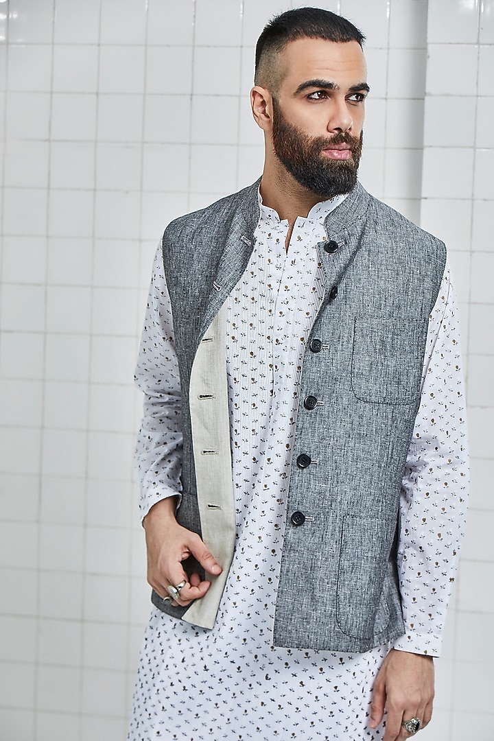 Grey Linen Reversible Waistcoat by Rajesh Pratap Singh Men at Pernia's Pop Up Shop
