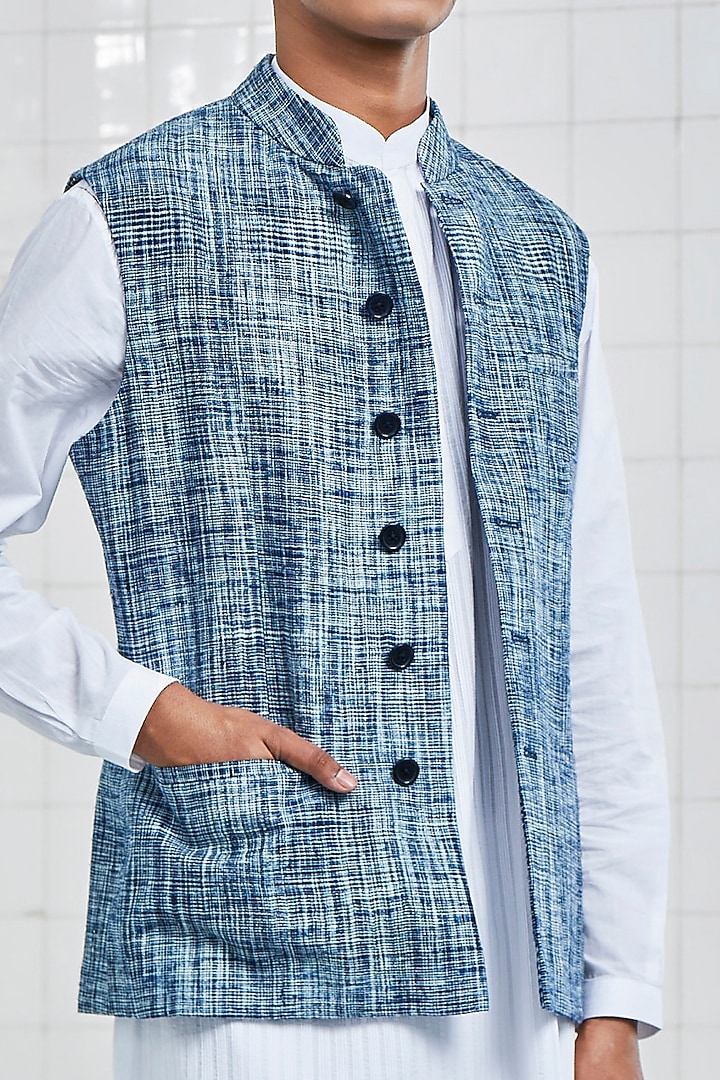 Melange Blue Linen Waistcoat by Rajesh Pratap Singh Men at Pernia's Pop Up Shop