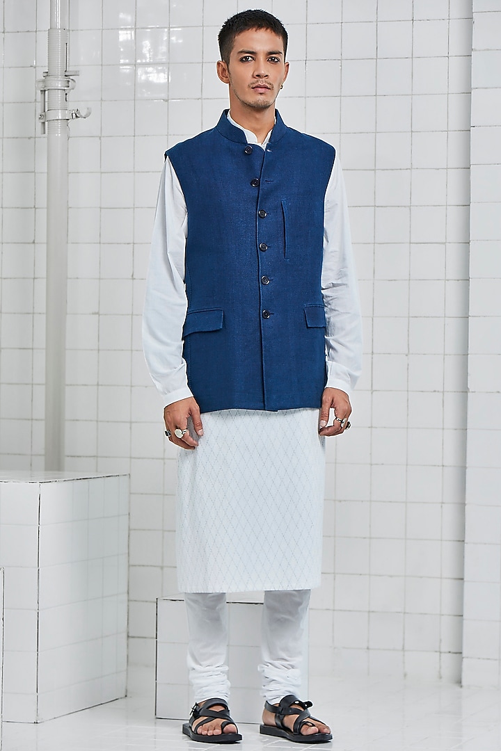 Indigo Linen Waistcoat With Welt Pockets by Rajesh Pratap Singh Men
