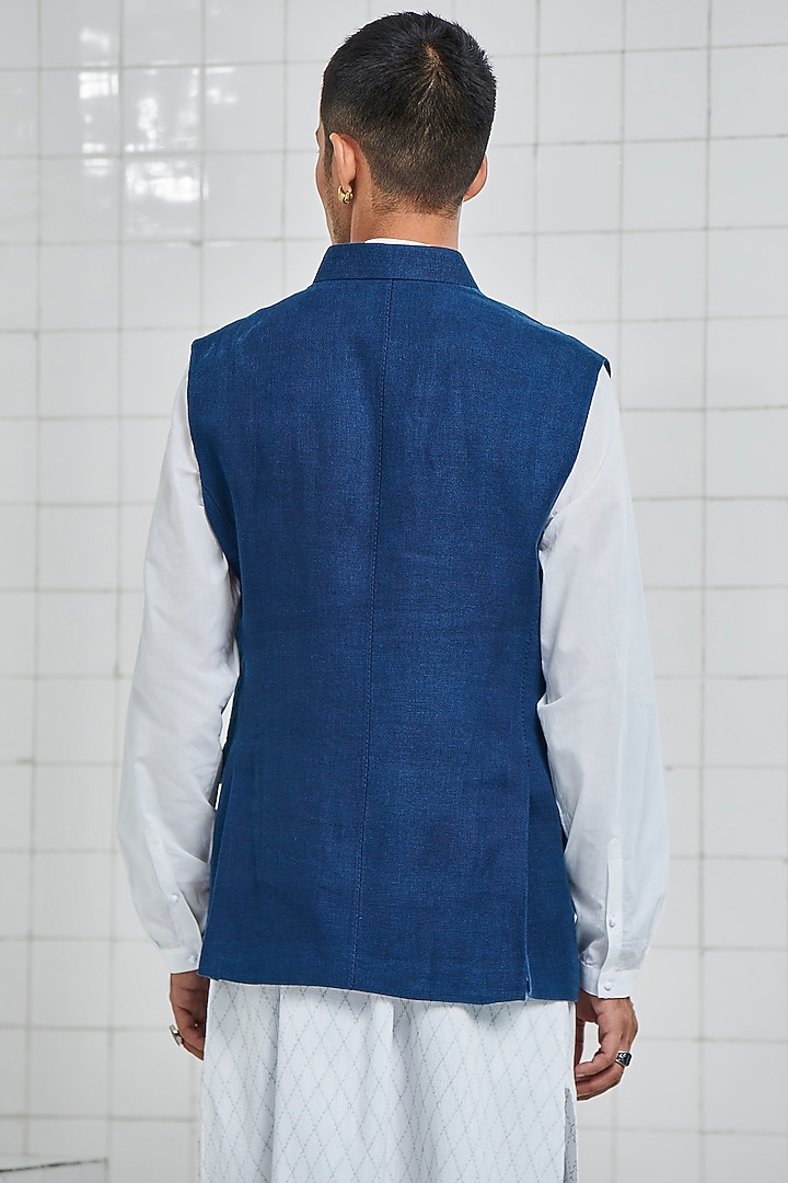 Indigo Linen Waistcoat With Welt Pockets by Rajesh Pratap Singh Men at Pernia's Pop Up Shop