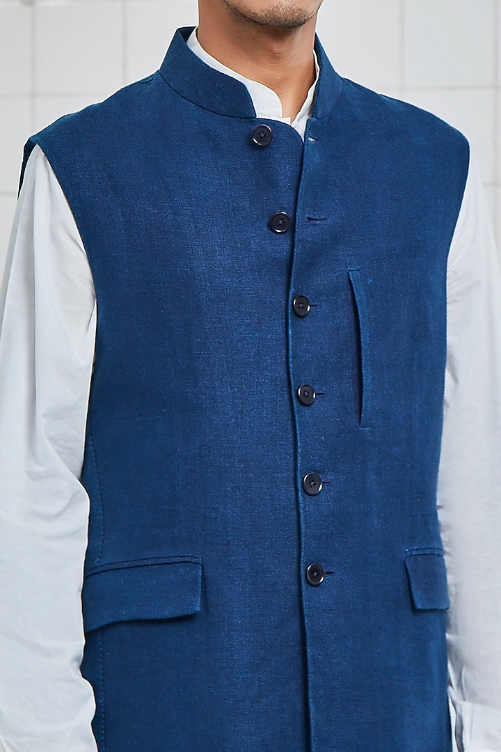 Indigo Linen Waistcoat With Welt Pockets by Rajesh Pratap Singh Men at Pernia's Pop Up Shop